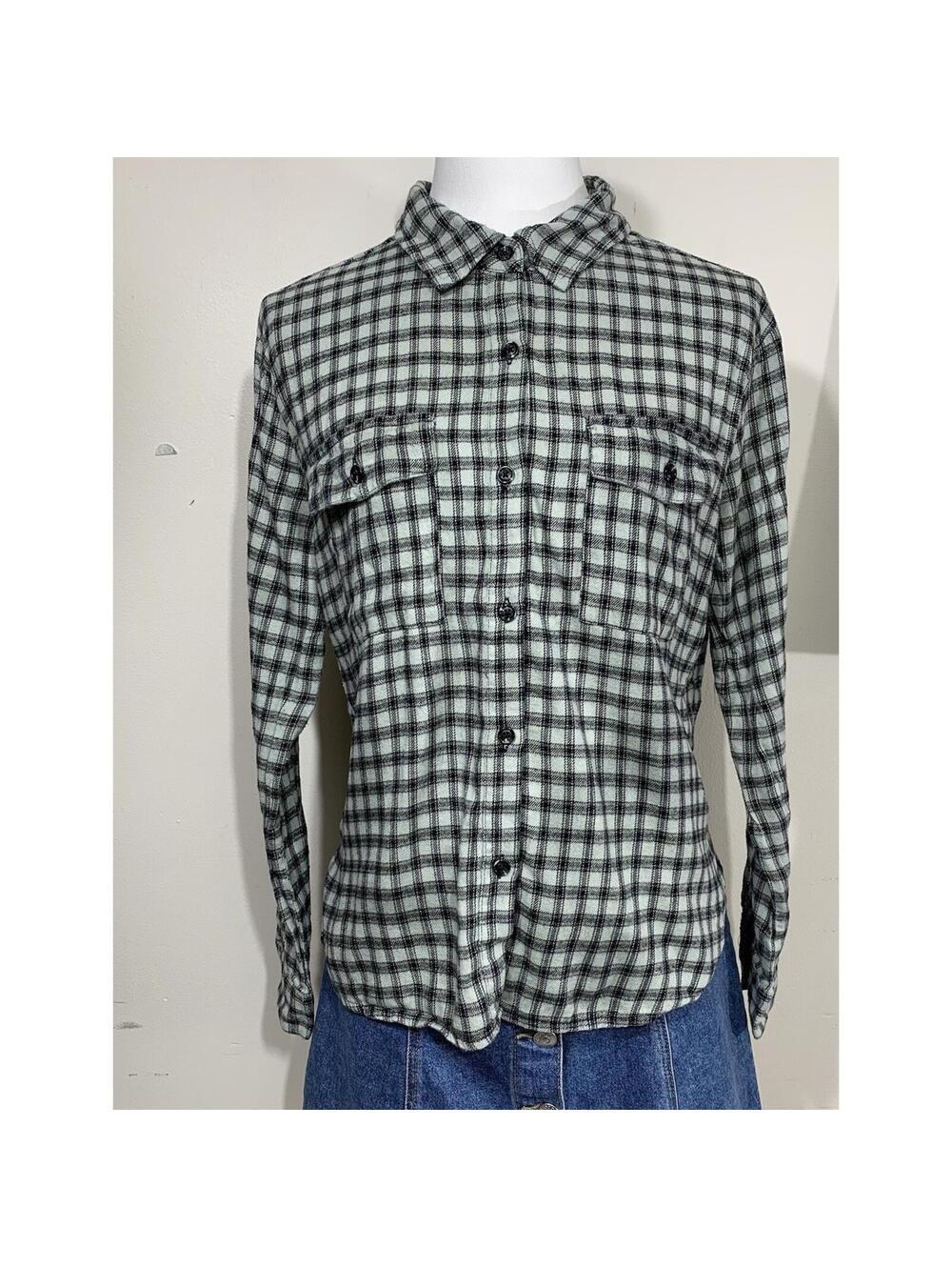 Copper Key Women's Plaid Flannel Shirt XS Mint Green Black Long Sleeve Button Up